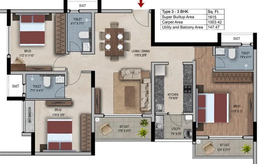 SNN Estates Felicity 3 BHK floor plan, about 1,615 sq ft