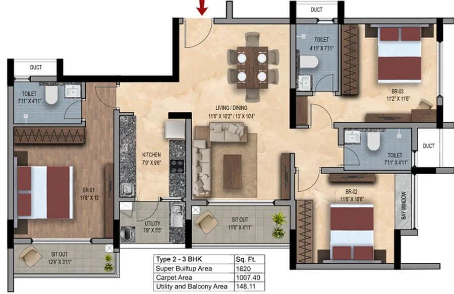 SNN Estates Felicity 3 BHK floor plan, about 1,620 sq ft