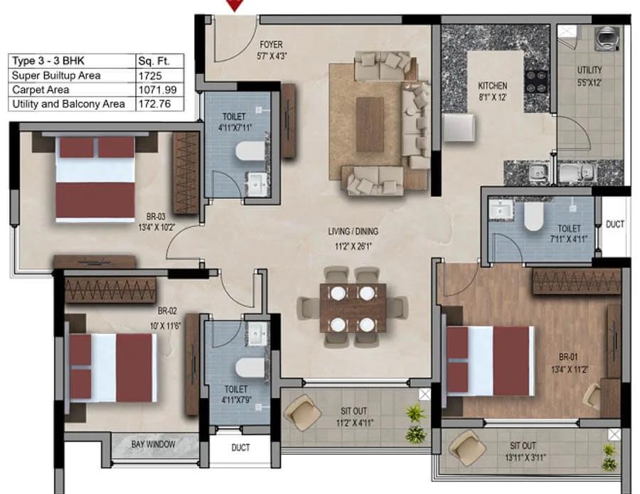 SNN Estates Felicity 3 BHK floor plan, about 1,725 sq ft