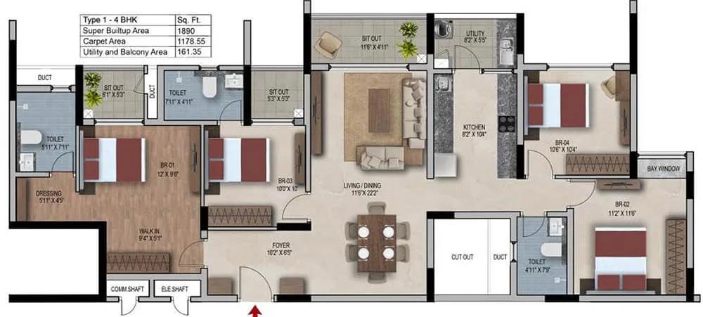 SNN Estates Felicity 4 BHK floor plan, about 1,890 sq ft