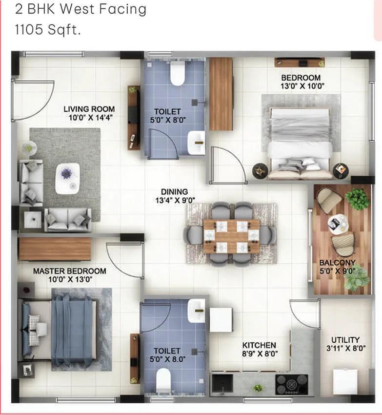 Abhee Pride 2 BHK floor plan, about 1,105 sq ft