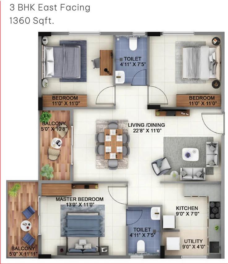 Abhee Pride 3 BHK floor plan, about 1,360 sq ft