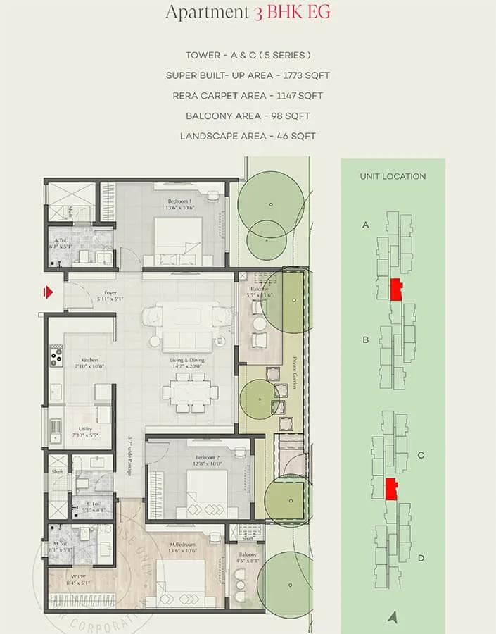 DNR Parklink 3 BHK floor plan, about 1,773 sq ft