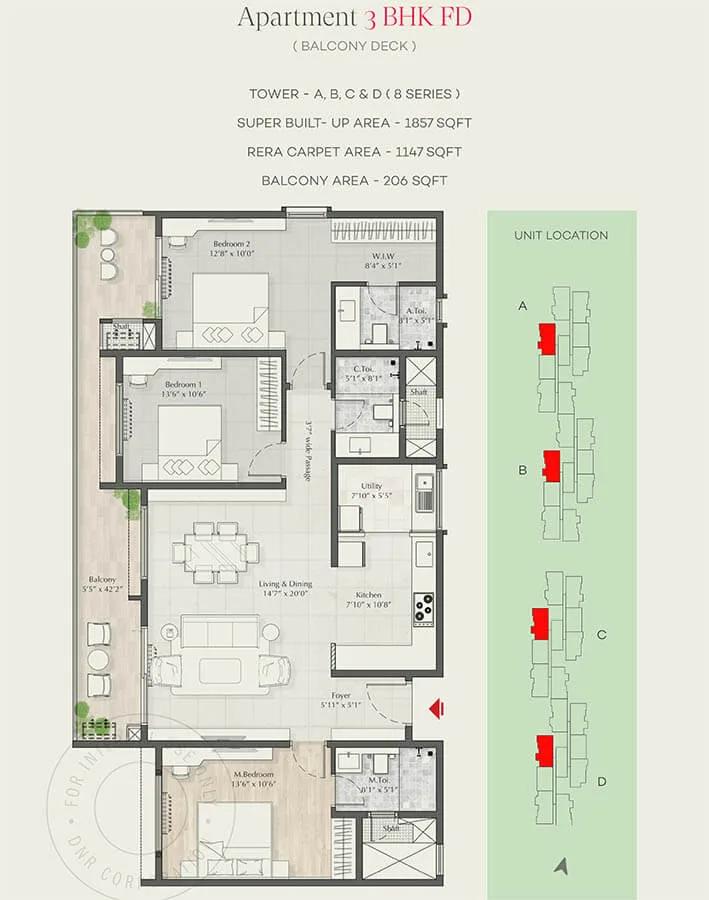 DNR Parklink 3 BHK floor plan, about 1,857 sq ft