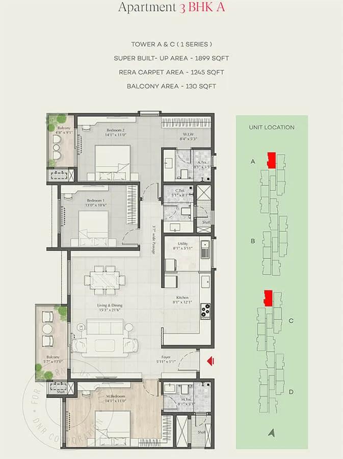DNR Parklink 3 BHK floor plan, about 1,899 sq ft