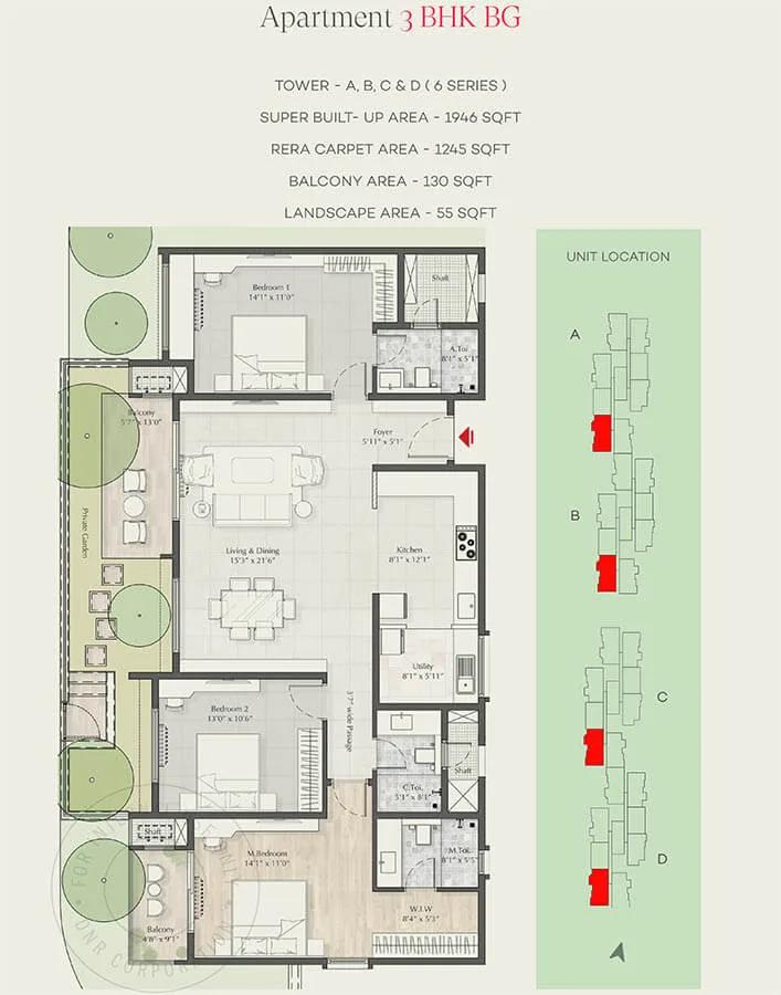 DNR Parklink 3 BHK floor plan, about 1,946 sq ft