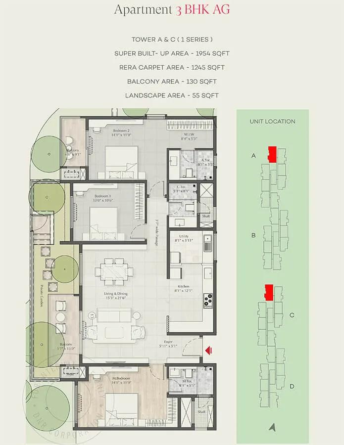 DNR Parklink 3 BHK floor plan, about 1,954 sq ft