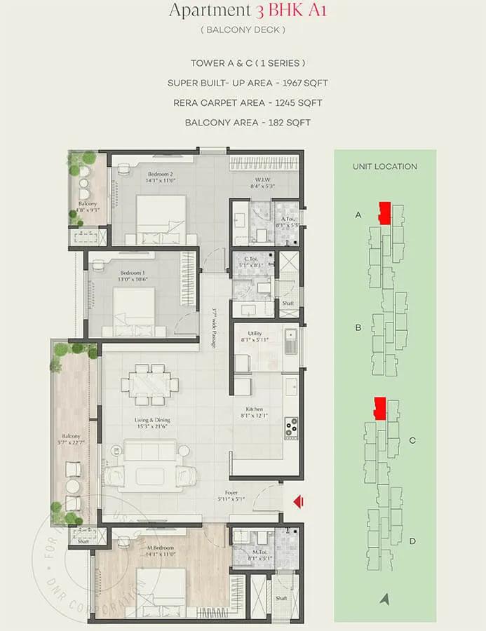 DNR Parklink 3 BHK floor plan, about 1,967 sq ft
