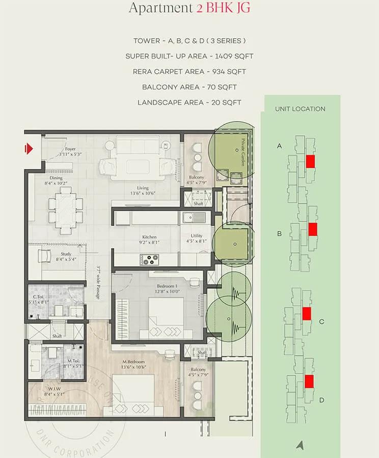 DNR Parklink 2 BHK floor plan, about 1,409 sq ft