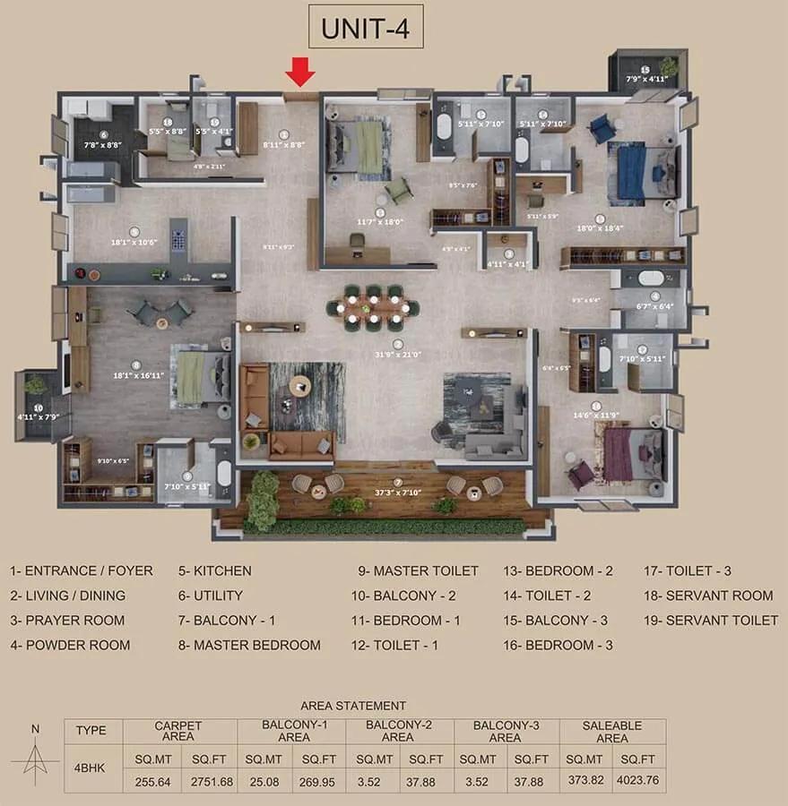 Incor The Eighty 4 BHK floor plan, about 4,023 sq ft