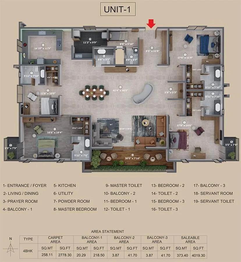 Incor The Eighty 4 BHK floor plan, about 4,019 sq ft