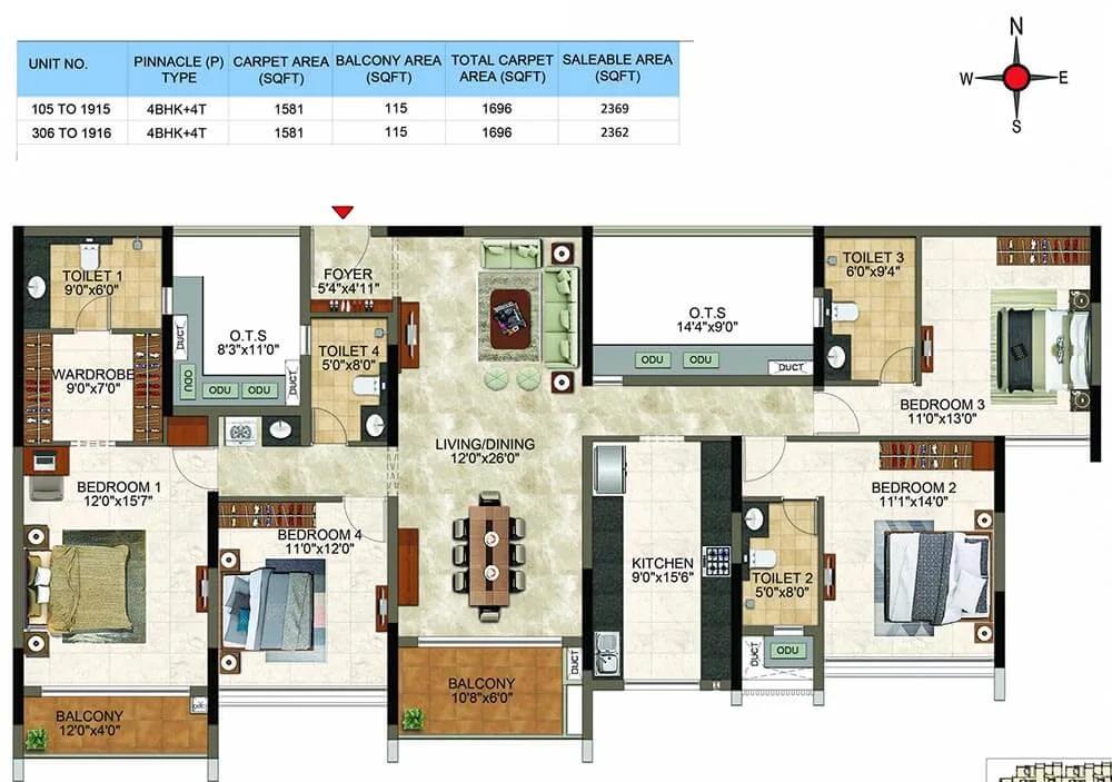 Casagrand Cloud9 4 BHK floor plan, about 2,369 sq ft