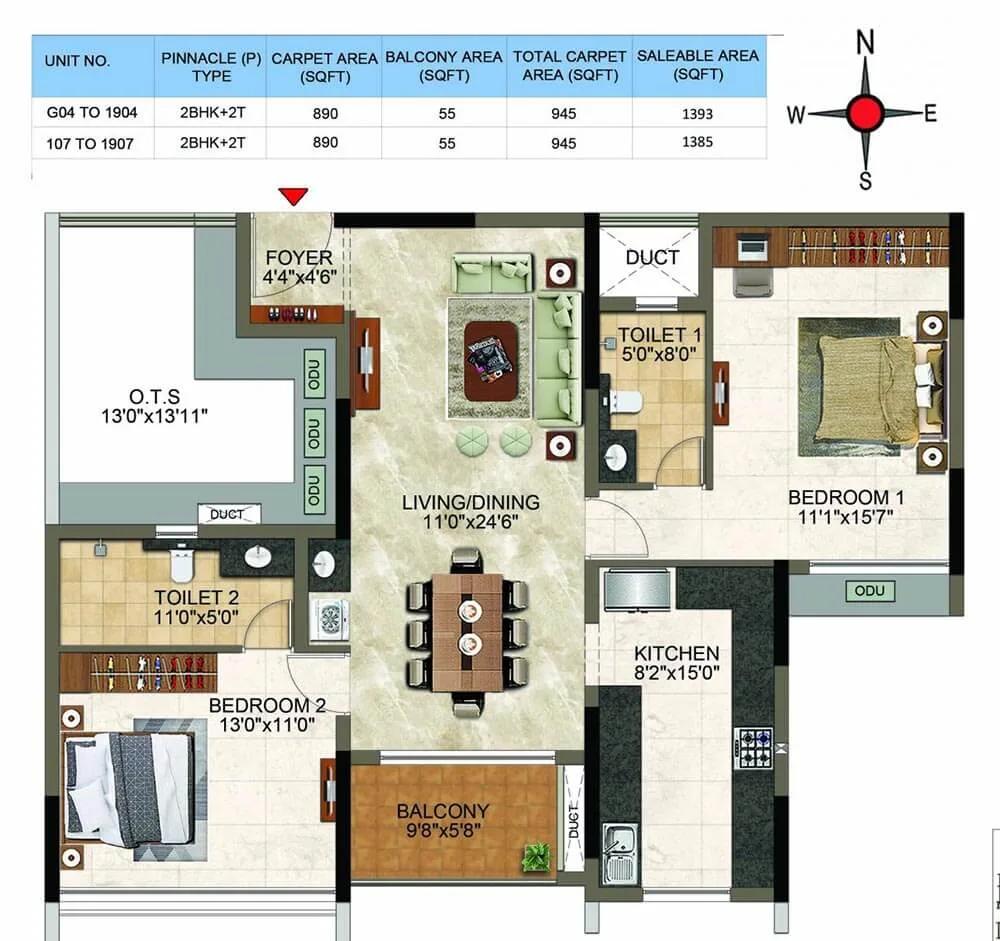 Casagrand Cloud9 2 BHK floor plan, about 1,385 sq ft