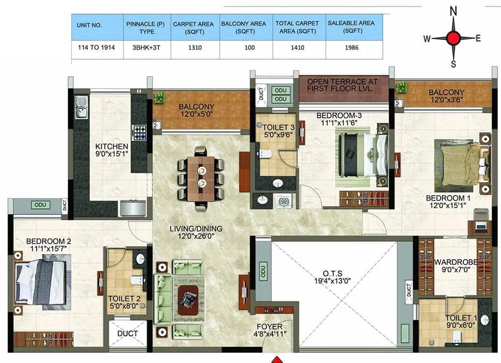 Casagrand Cloud9 3 BHK floor plan, about 1,986 sq ft