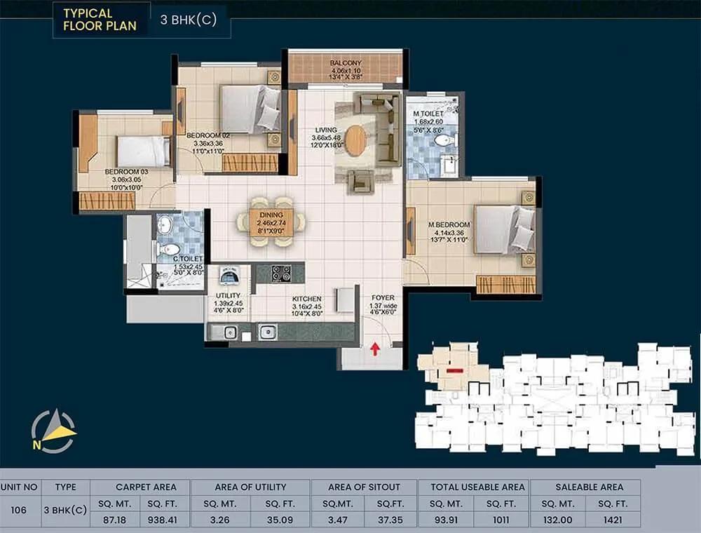 Pride Altius 3 BHK floor plan, about 1,421 sq ft