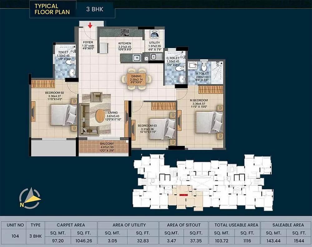 Pride Altius 3 BHK floor plan, about 1,544 sq ft