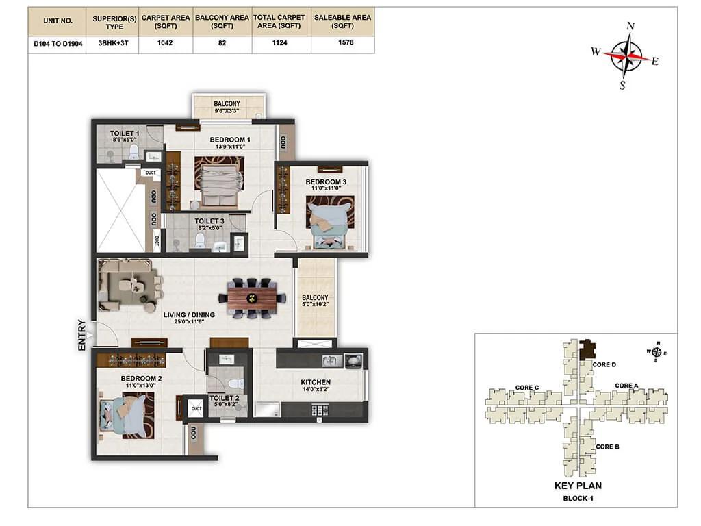 Casagrand Elinor 3 BHK floor plan, about 1,578 sq ft