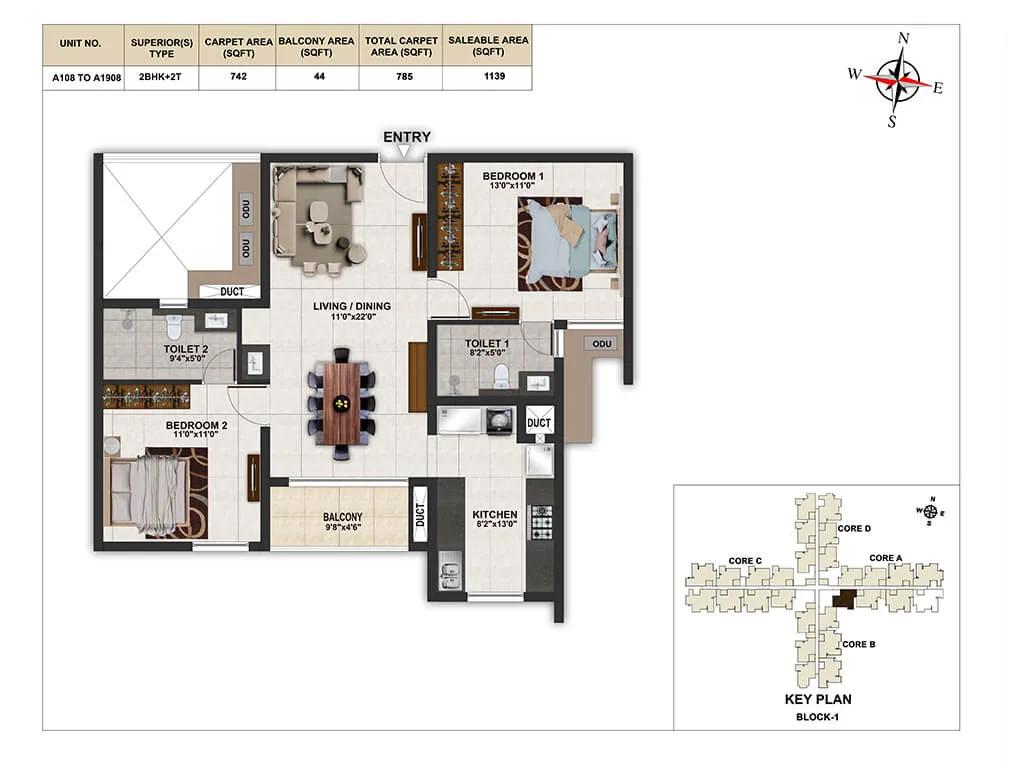 Casagrand Elinor 2 BHK floor plan, about 1,139 sq ft