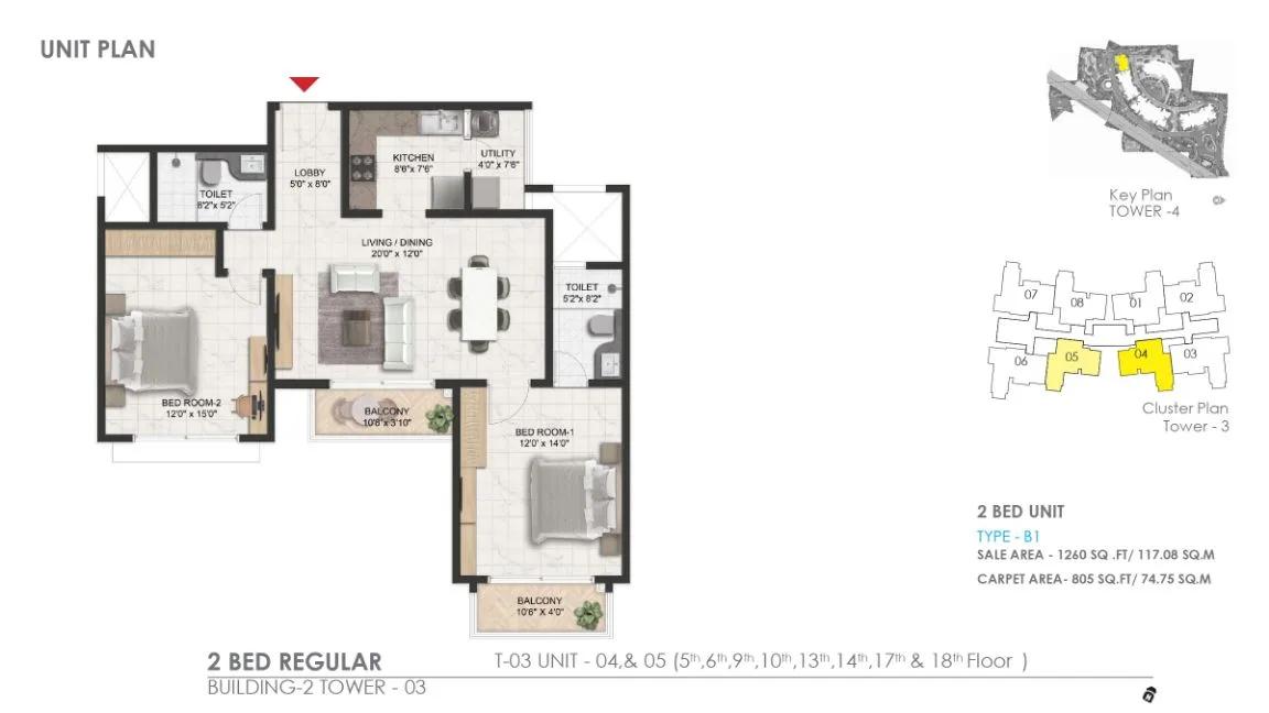 Prestige Serenity Shores 2 BHK floor plan, about 1,260 sq ft