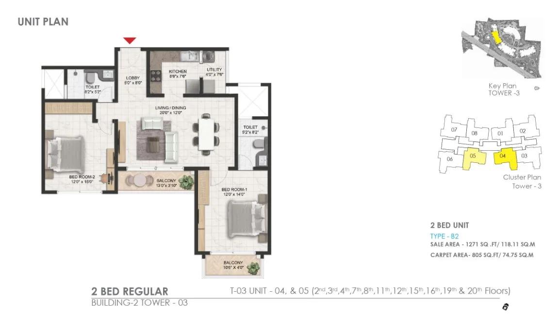 Prestige Serenity Shores 2 BHK floor plan, about 1,271 sq ft