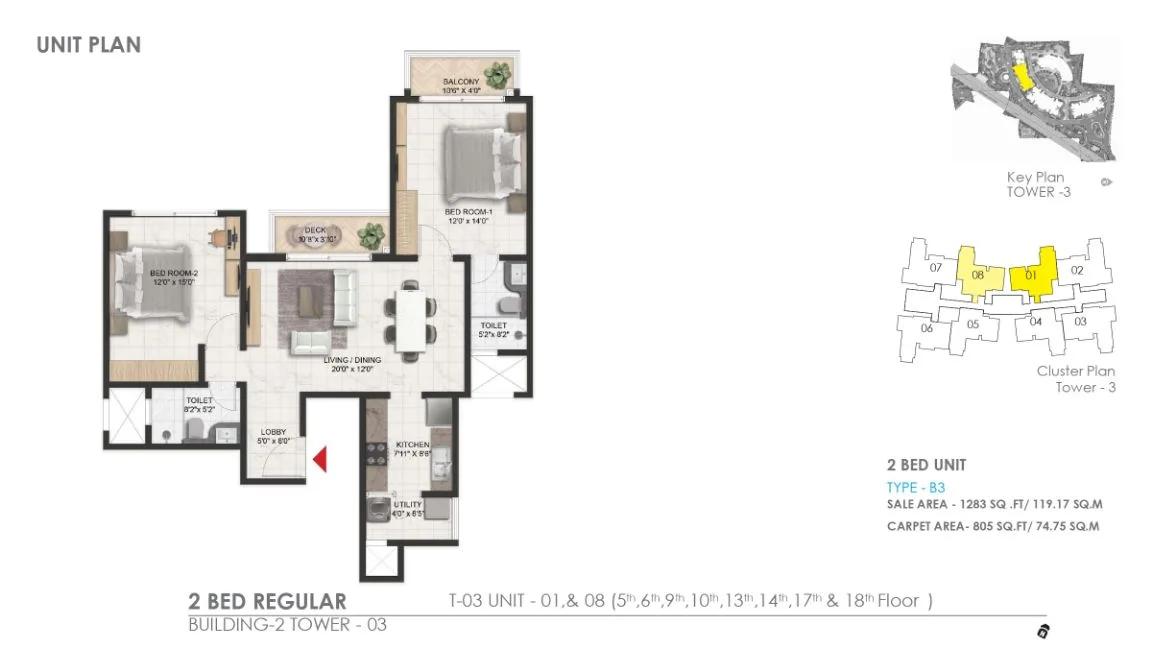 Prestige Serenity Shores 2 BHK floor plan, about 1,283 sq ft