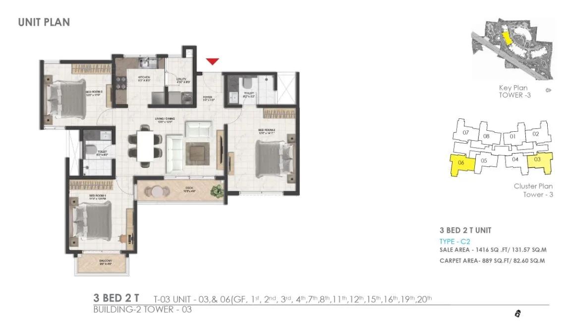 Prestige Serenity Shores 3 BHK floor plan, about 1,419 sq ft