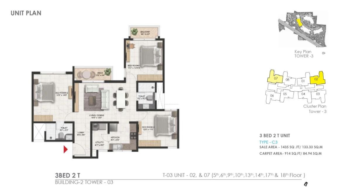 Prestige Serenity Shores 3 BHK floor plan, about 1,435 sq ft