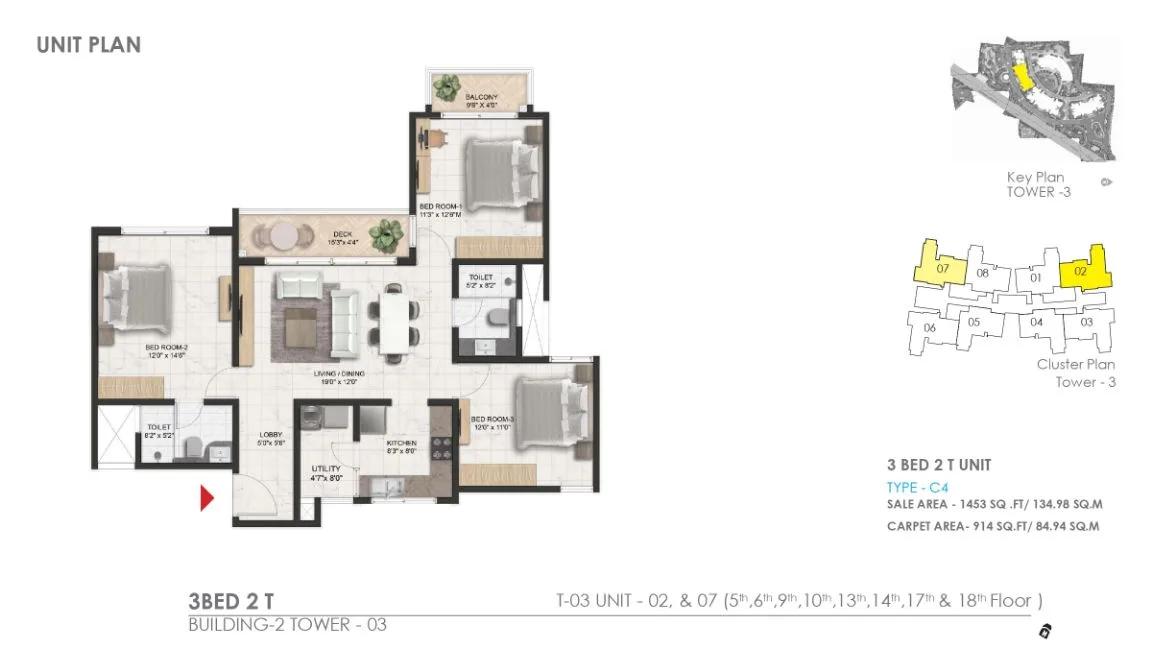 Prestige Serenity Shores 3 BHK floor plan, about 1,453 sq ft
