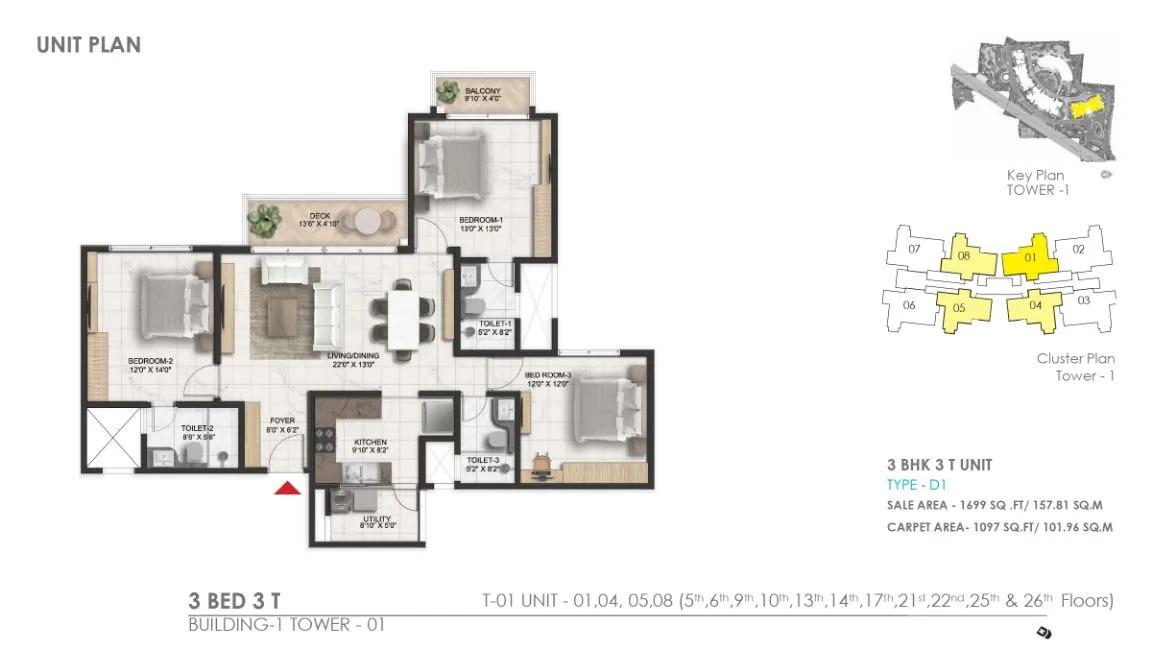 Prestige Serenity Shores 3 BHK floor plan, about 1,699 sq ft