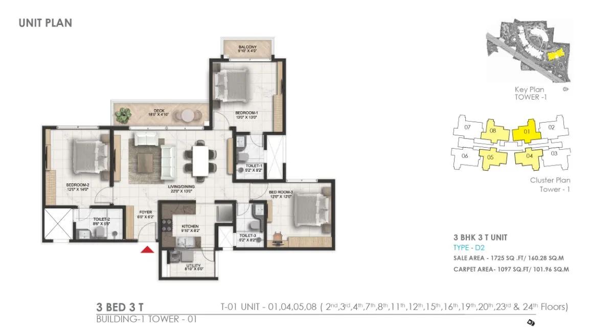 Prestige Serenity Shores 3 BHK floor plan, about 1,725 sq ft
