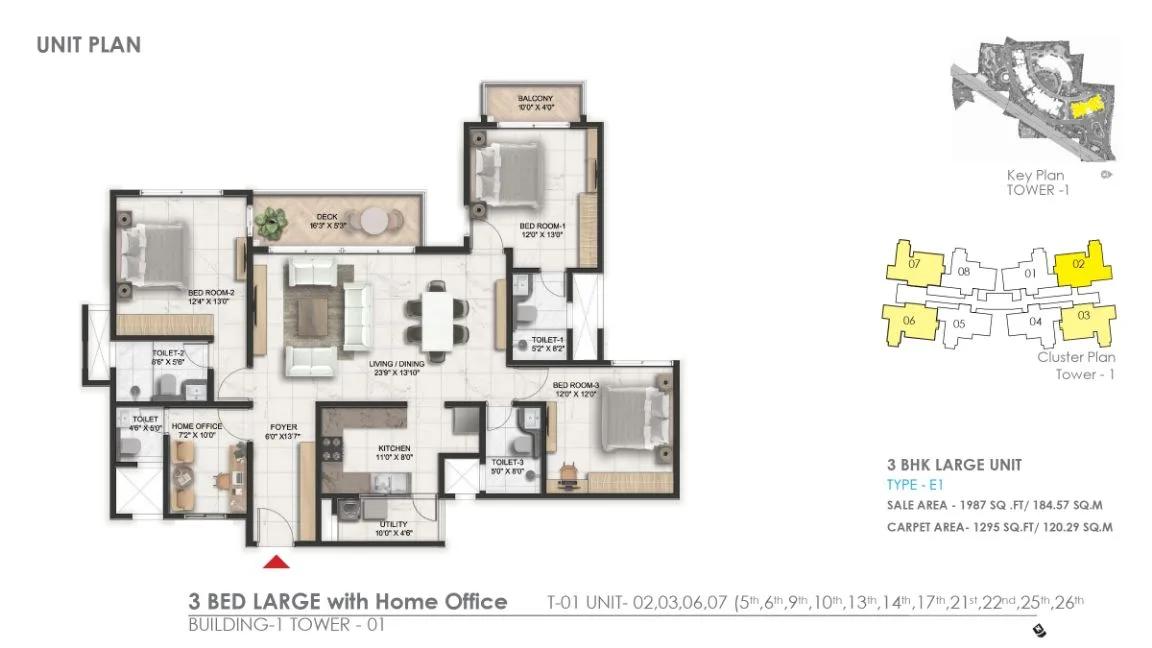 Prestige Serenity Shores 3 BHK floor plan, about 1,987 sq ft