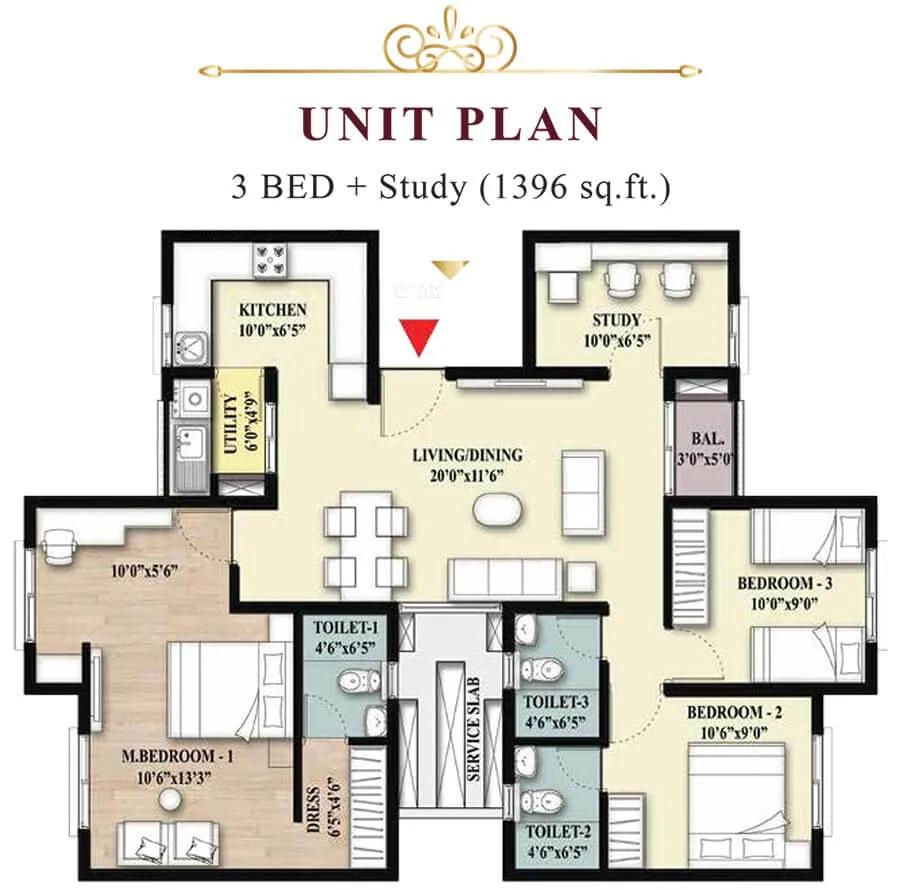 Shriram Imperial Heights 3 BHK floor plan, about 1,396 sq ft