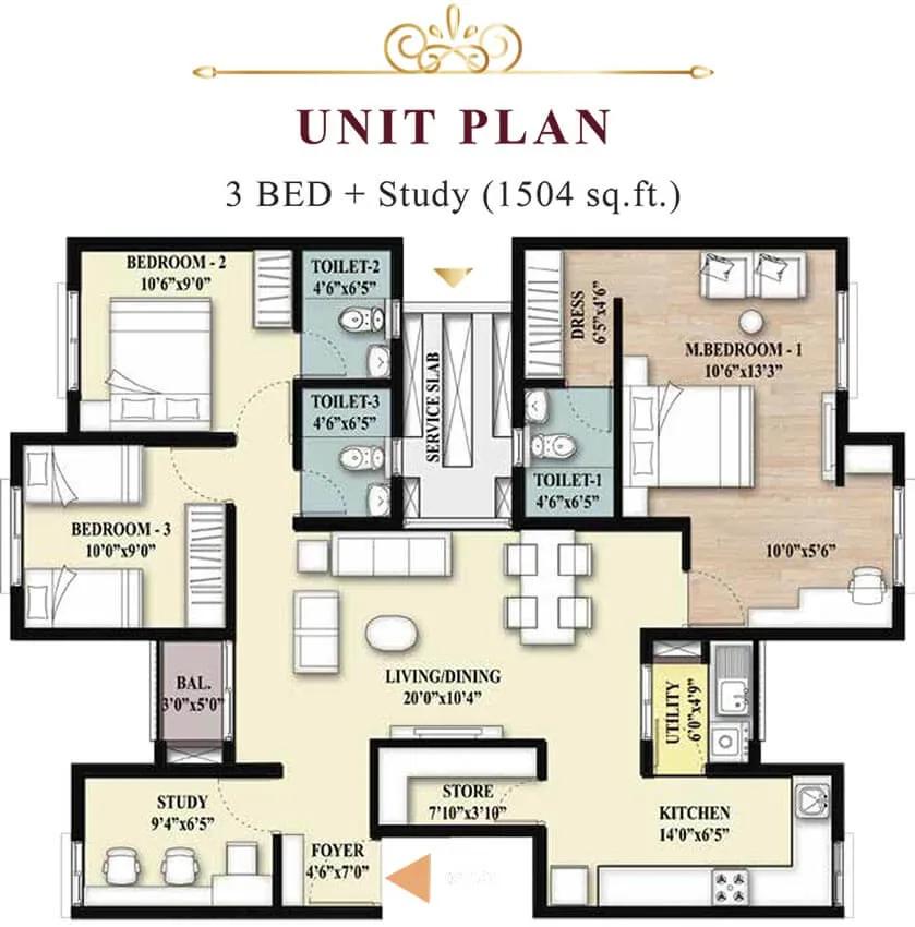 Shriram Imperial Heights 3 BHK floor plan, about 1,504 sq ft