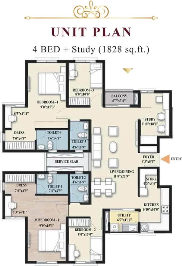 Shriram Imperial Heights 4 BHK floor plan, about 1,828 sq ft