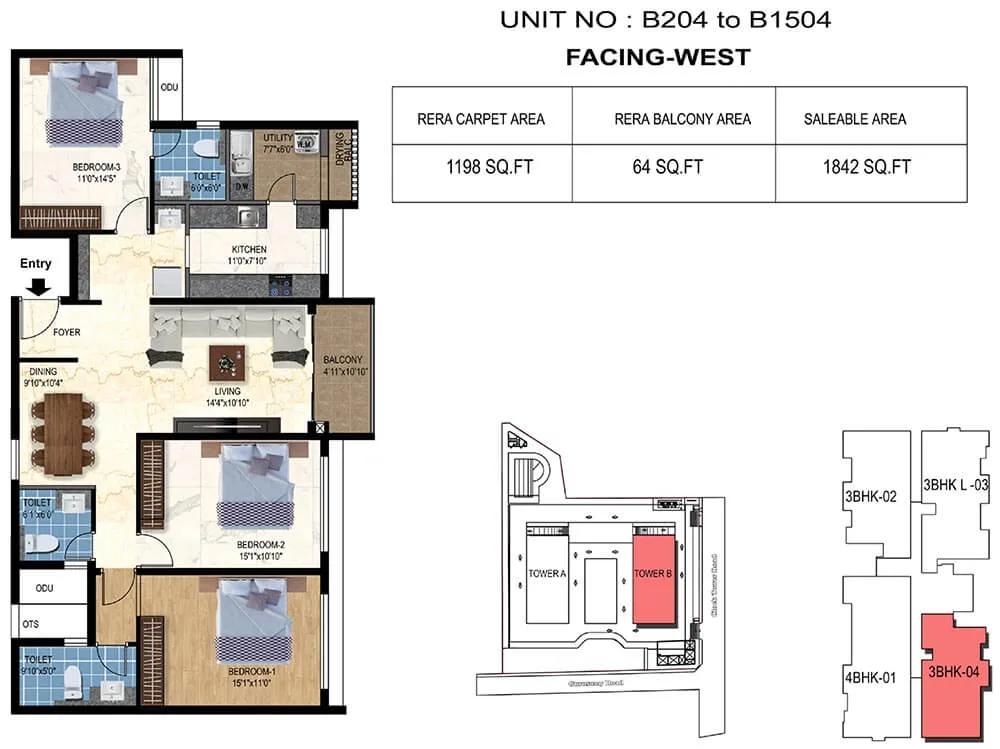 TVS Emerald Luxor 3 BHK floor plan, about 1,842 sq ft