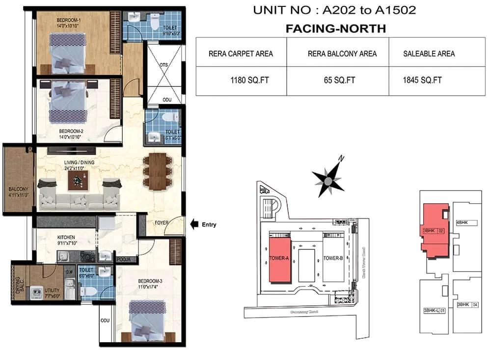 TVS Emerald Luxor 3 BHK floor plan, about 1,845 sq ft