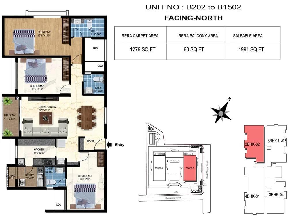 TVS Emerald Luxor 3 BHK floor plan, about 1,991 sq ft