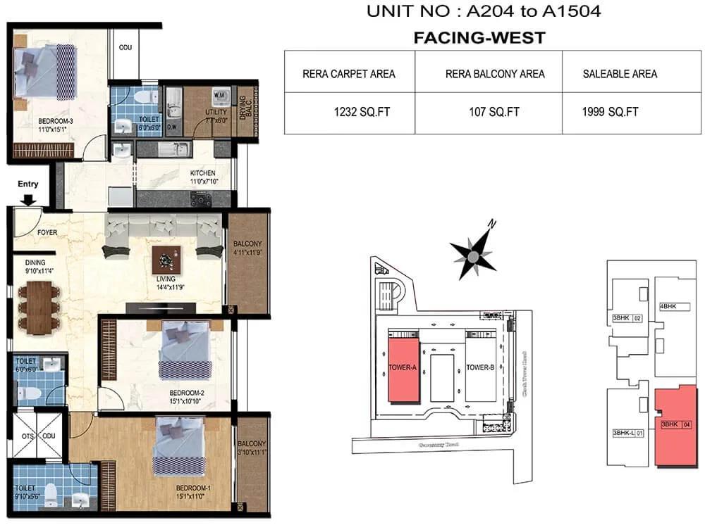 TVS Emerald Luxor 3 BHK floor plan, about 1,999 sq ft