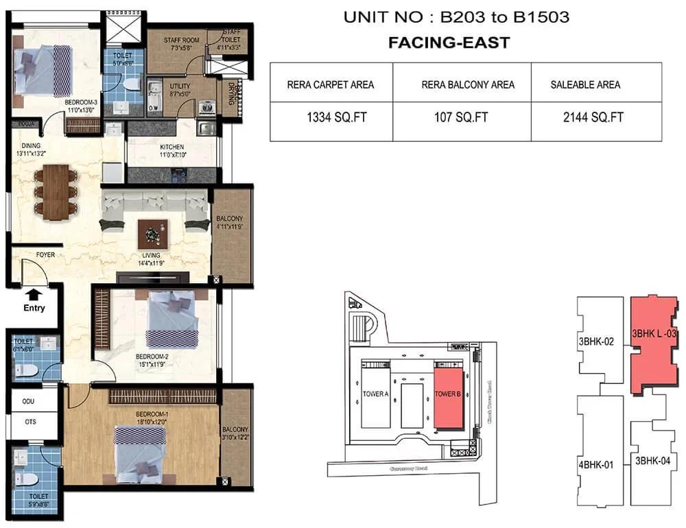 TVS Emerald Luxor 3 BHK floor plan, about 2,144 sq ft