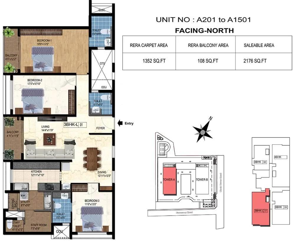 TVS Emerald Luxor 3 BHK floor plan, about 2,176 sq ft