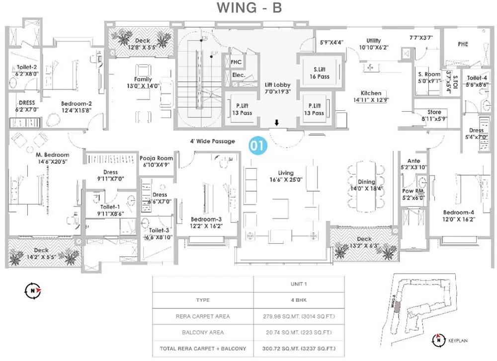 Raheja Vivarea 4 BHK floor plan, about 3,237 sq ft