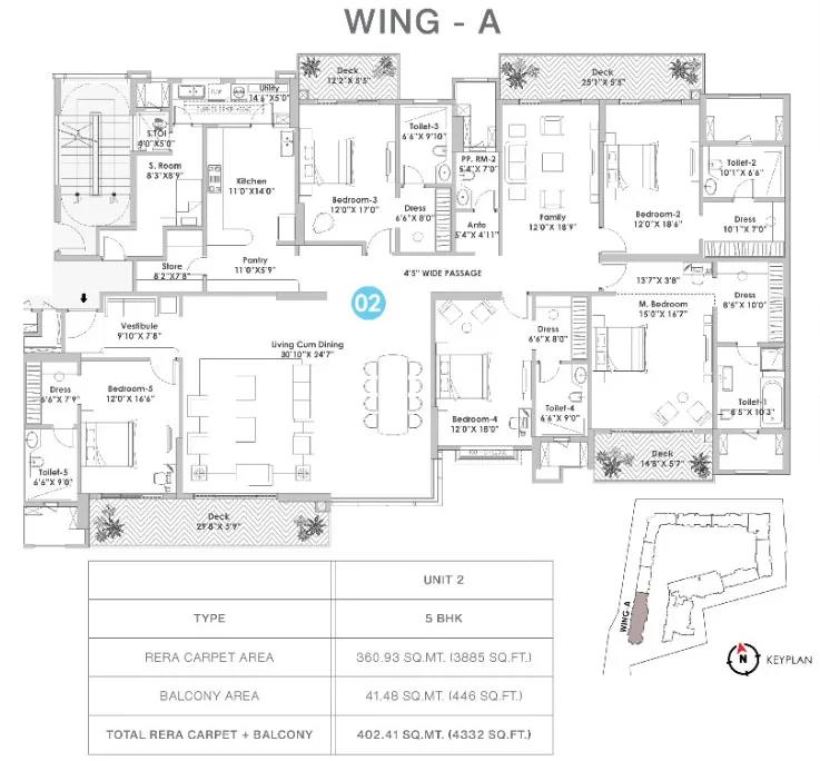 Raheja Vivarea 5 BHK floor plan, about 4,332 sq ft