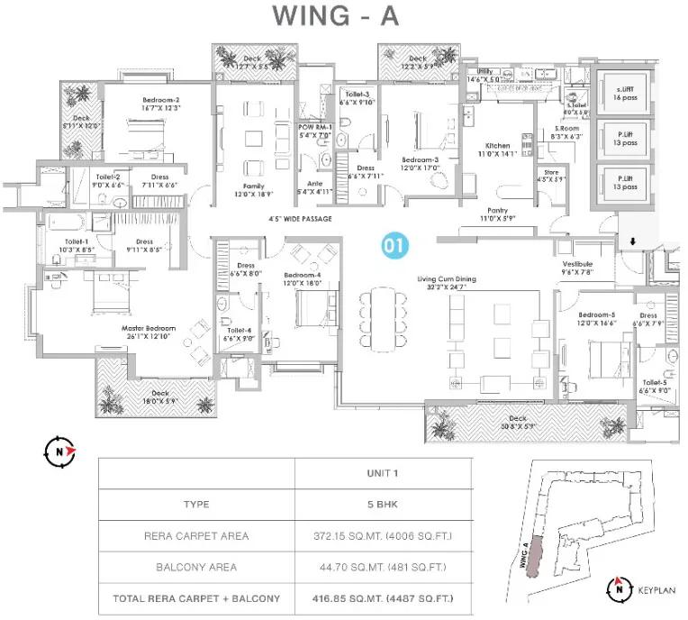 Raheja Vivarea 5 BHK floor plan, about 4,487 sq ft