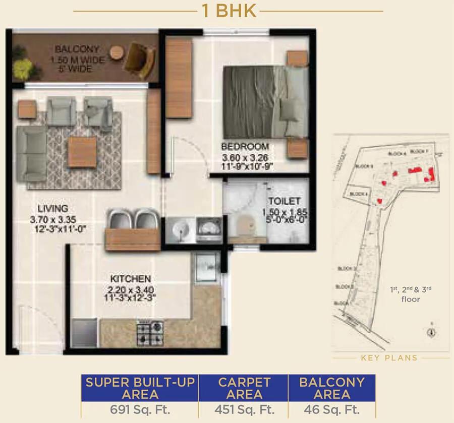Sattva Simplicity 1 BHK floor plan, about 691 sq ft