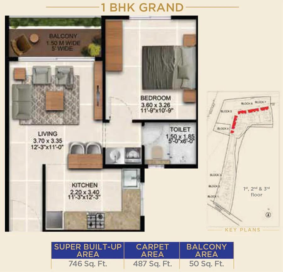 Sattva Simplicity 1 BHK floor plan, about 746 sq ft