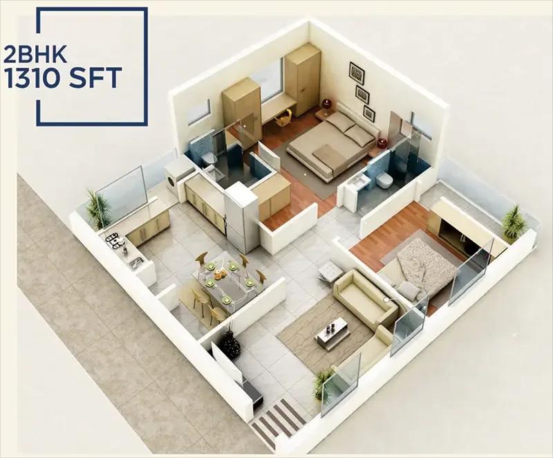 Amrutha Sarovar 2 BHK floor plan, about 1,310 sq ft