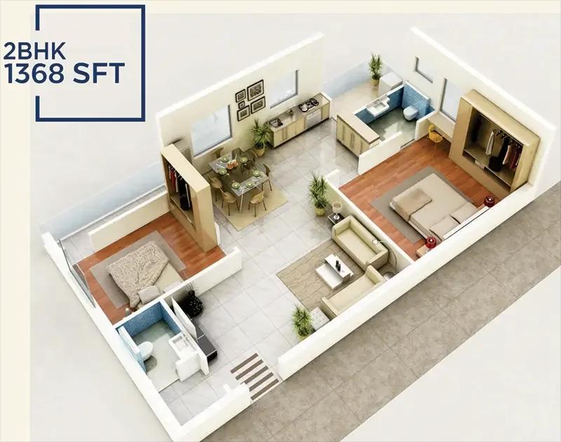 Amrutha Sarovar 2 BHK floor plan, about 1,368 sq ft