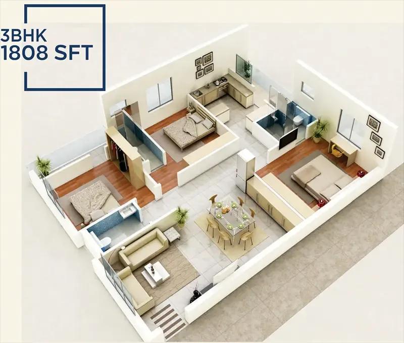 Amrutha Sarovar 3 BHK floor plan, about 1,808 sq ft