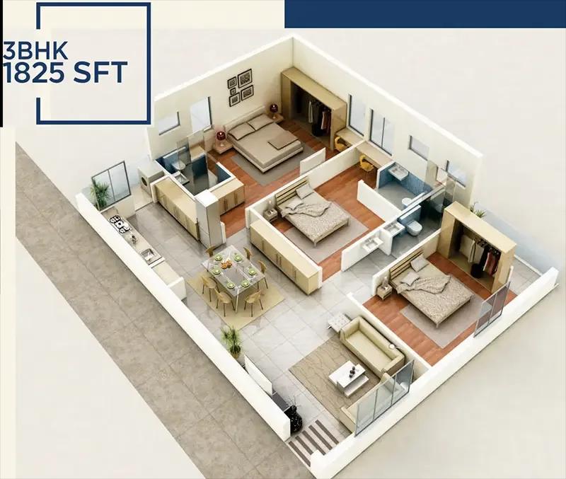 Amrutha Sarovar 3 BHK floor plan, about 1,825 sq ft