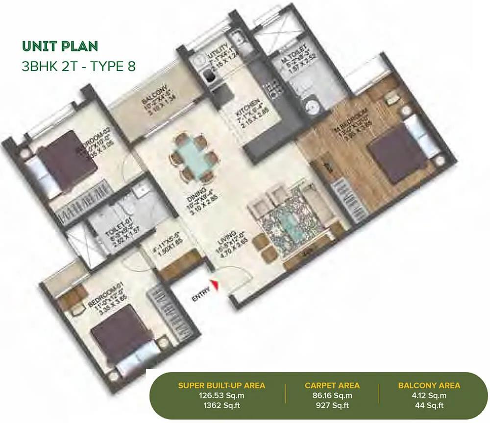 Brigade Calista 3 BHK floor plan, about 1,362 sq ft